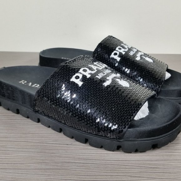 PRADA Logo Sequin Slide Sandal, Black, Womens Size 7.5US / 37.5EU - Picture 3 of 11